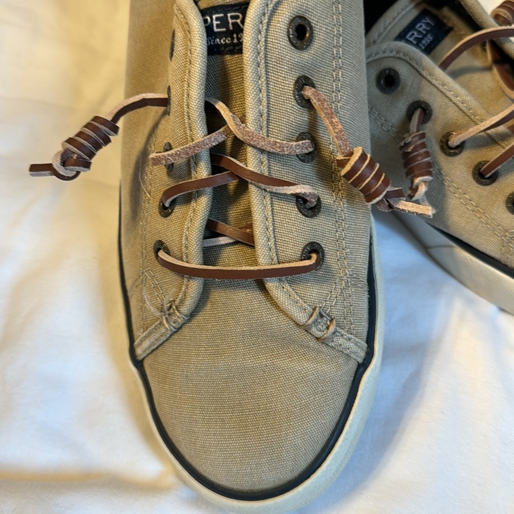 Sperry shoes since 1935 khaki athletic casual no tie navy blue stripes women sz9 - Picture 2 of 6